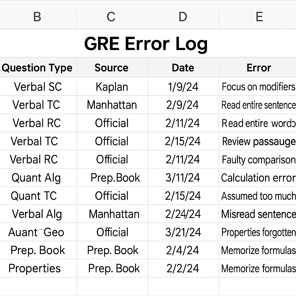 GRE error log used to track progress and identify weaknesses